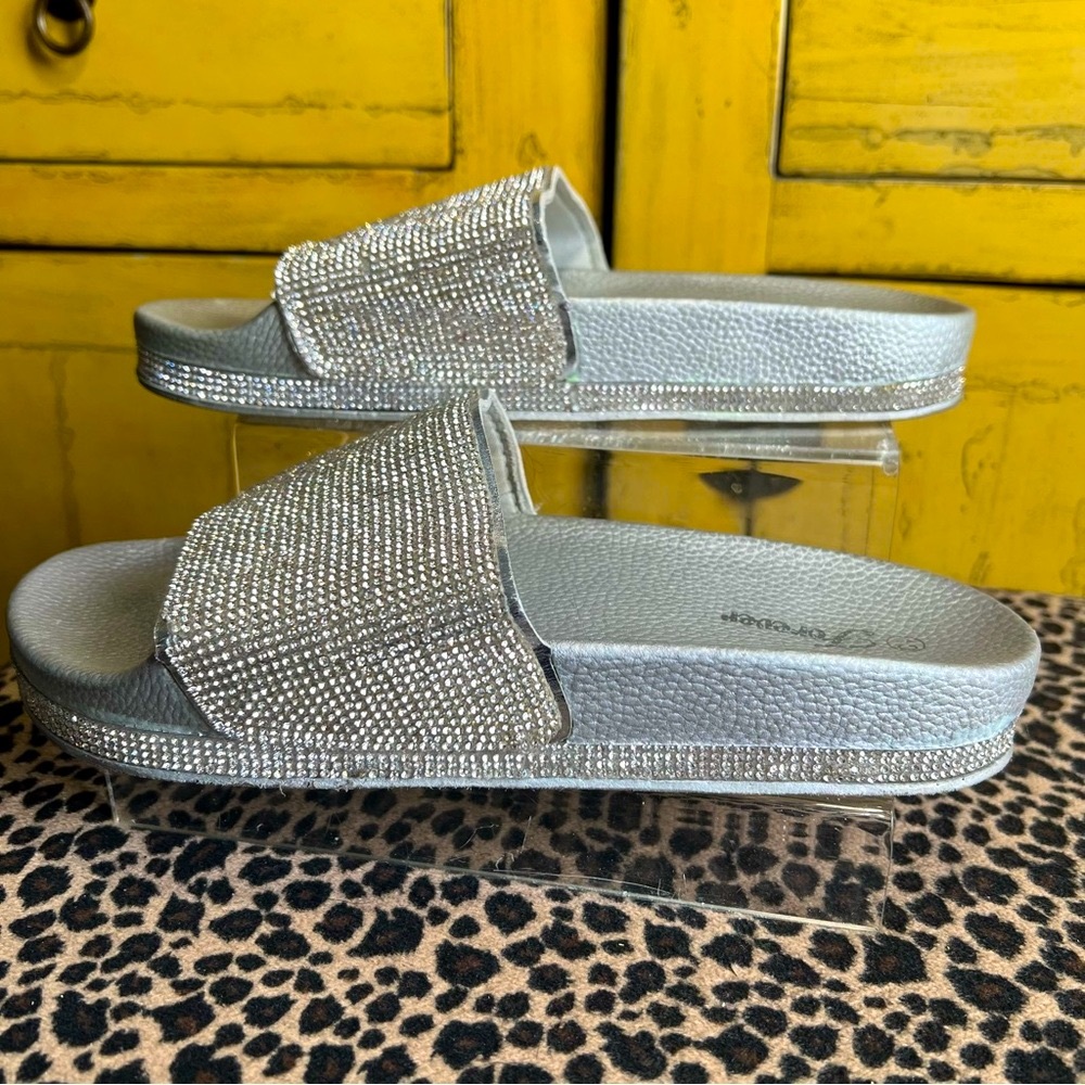 Forever, Silver Rhinestone Slide Sandals